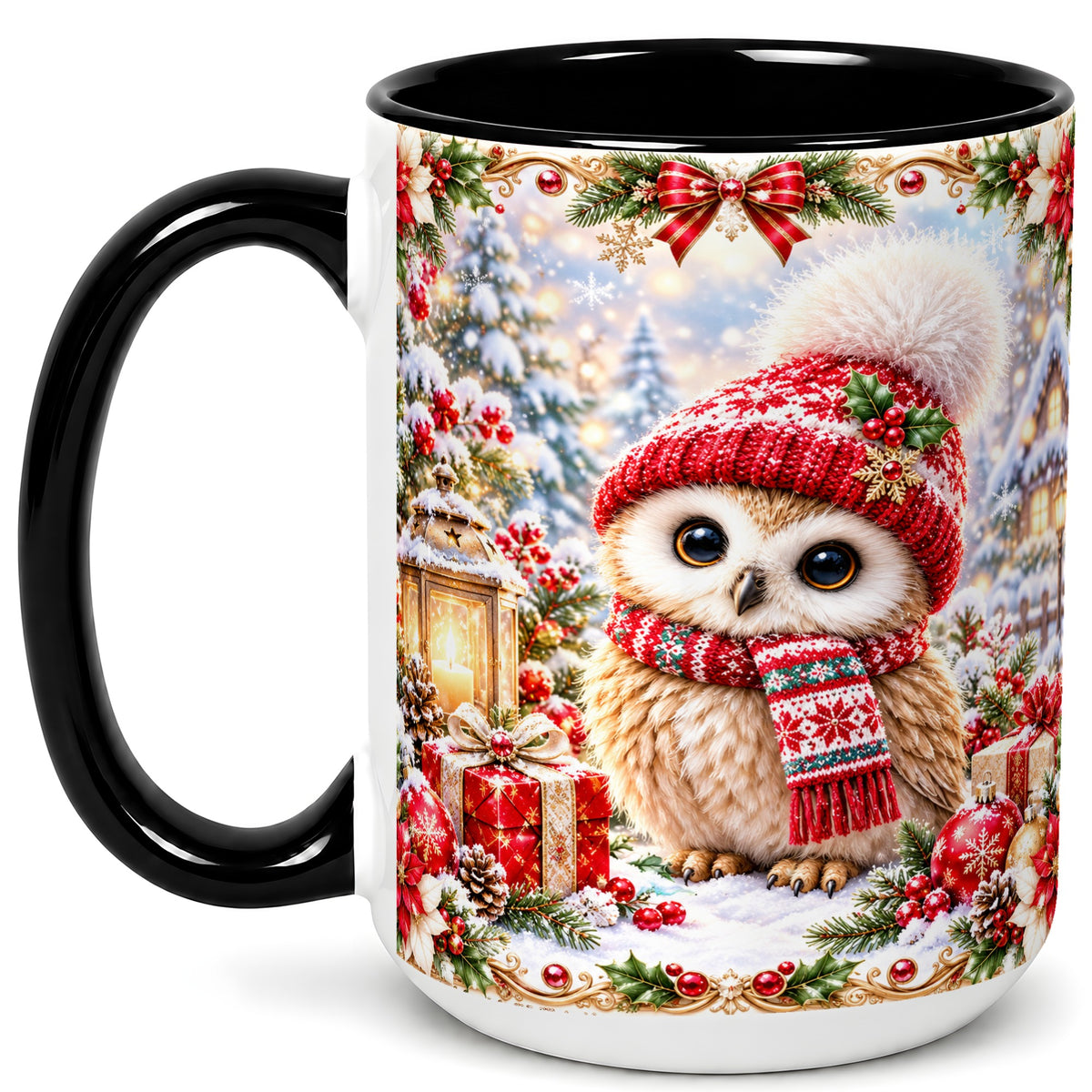 #pl[15oz|Black] Festive Christmas Owl Coffee Mug, Snowy Winter Owl Mug, Ceramic Cup