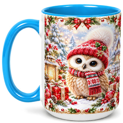 #pl[15oz|Blue] Festive Christmas Owl Coffee Mug, Snowy Winter Owl Mug, Ceramic Cup