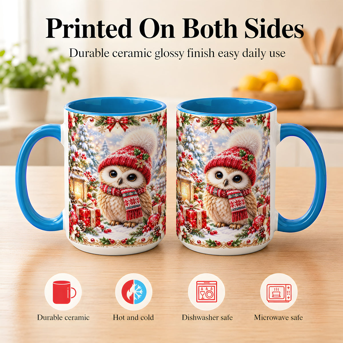 #pl[15oz|Blue] Festive Christmas Owl Coffee Mug, Snowy Winter Owl Mug, Ceramic Cup