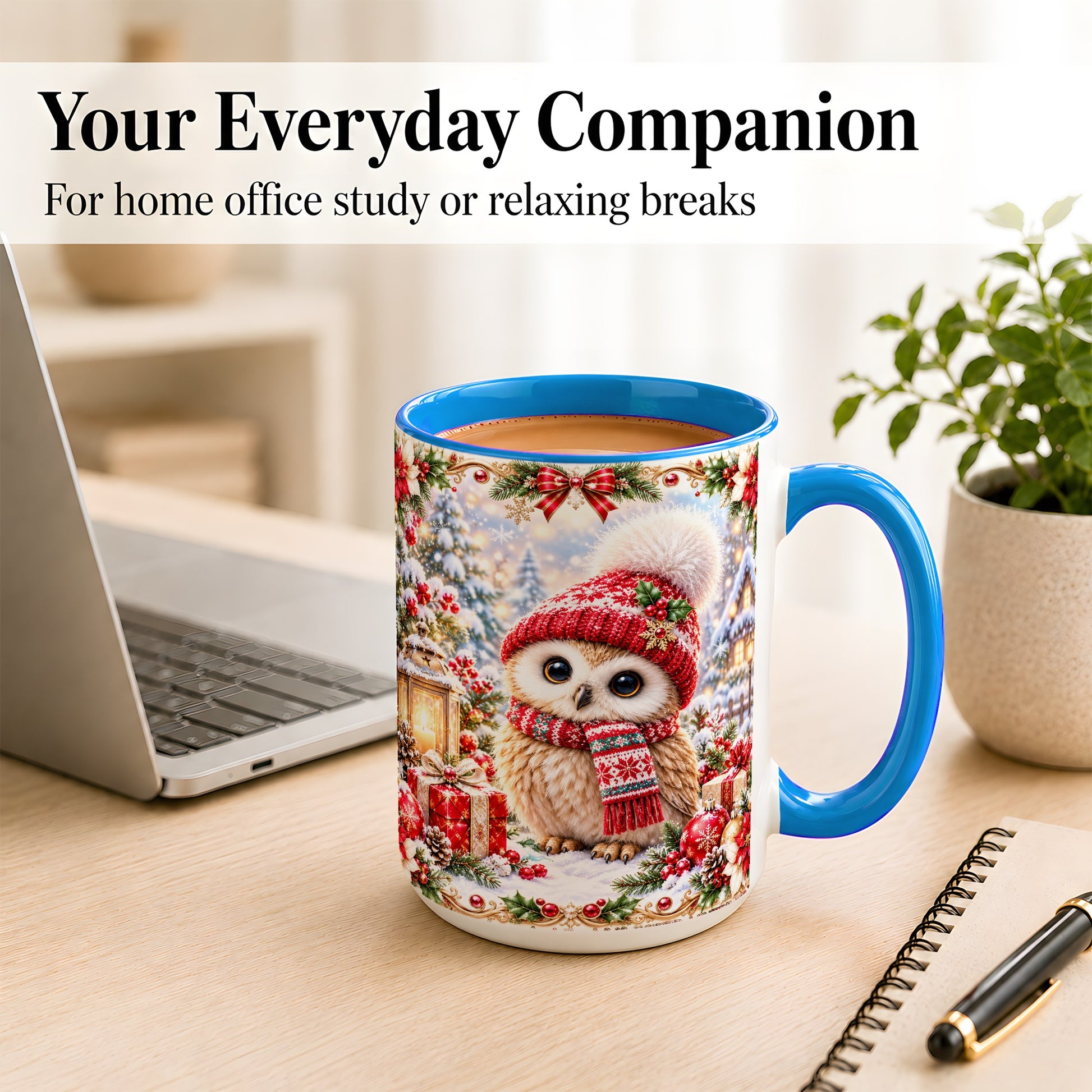 #pl[15oz|Blue] Festive Christmas Owl Coffee Mug, Snowy Winter Owl Mug, Ceramic Cup