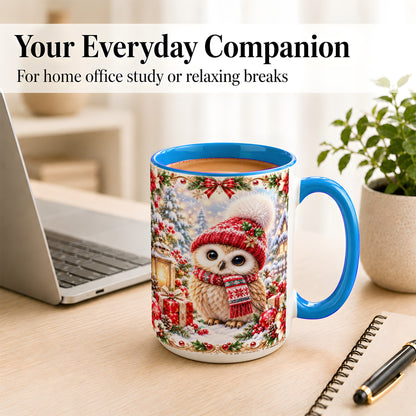 #pl[15oz|Blue] Festive Christmas Owl Coffee Mug, Snowy Winter Owl Mug, Ceramic Cup