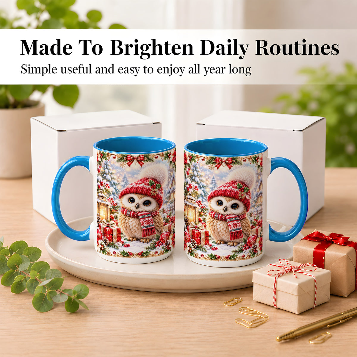 #pl[15oz|Blue] Festive Christmas Owl Coffee Mug, Snowy Winter Owl Mug, Ceramic Cup