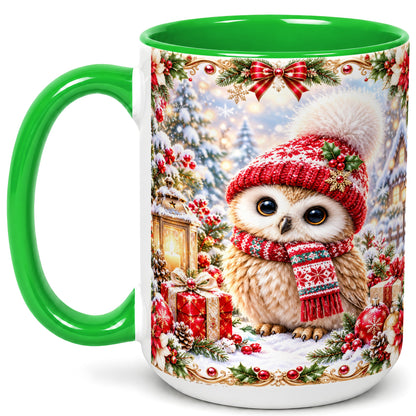 #pl[15oz|Green] Festive Christmas Owl Coffee Mug, Snowy Winter Owl Mug, Ceramic Cup