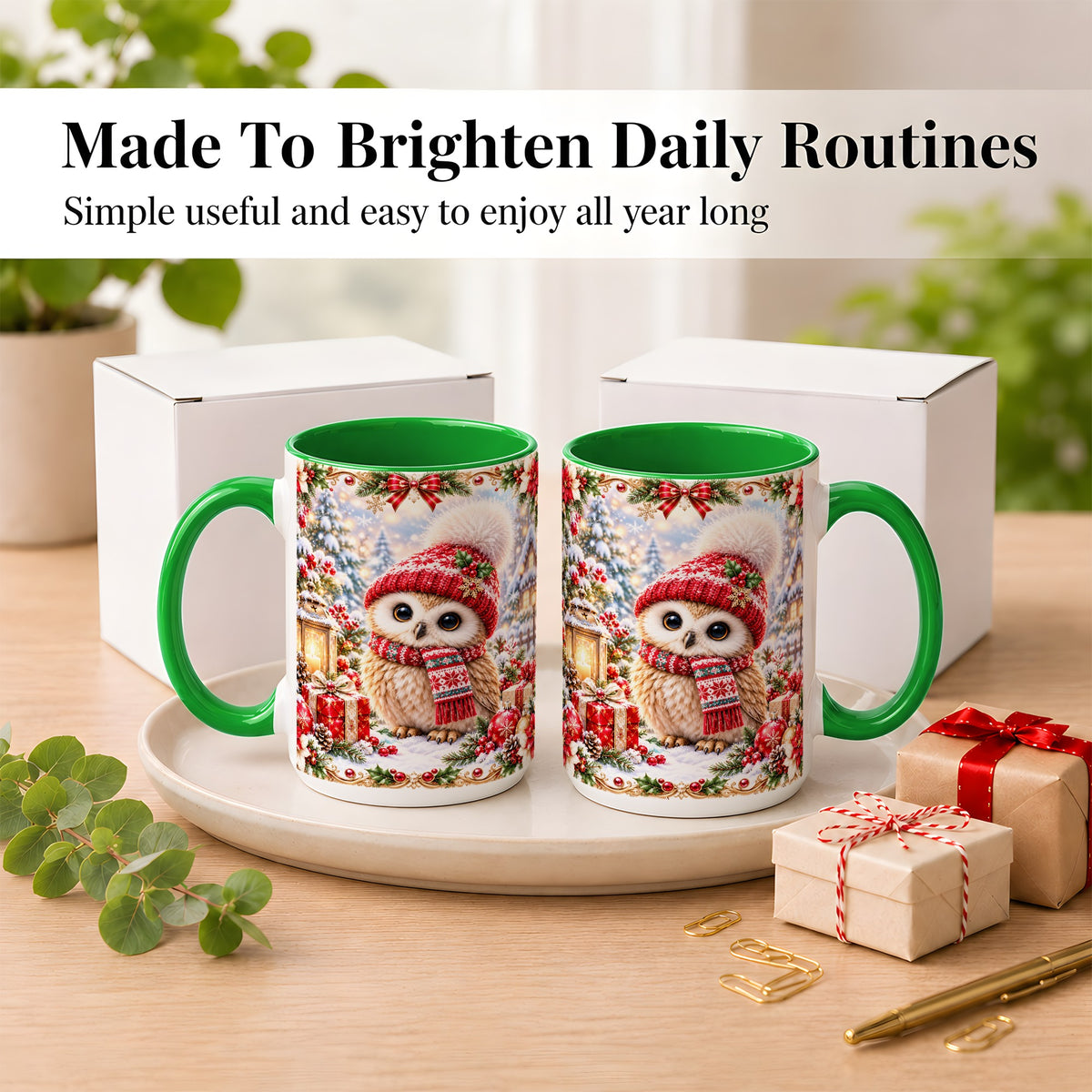 #pl[15oz|Green] Festive Christmas Owl Coffee Mug, Snowy Winter Owl Mug, Ceramic Cup