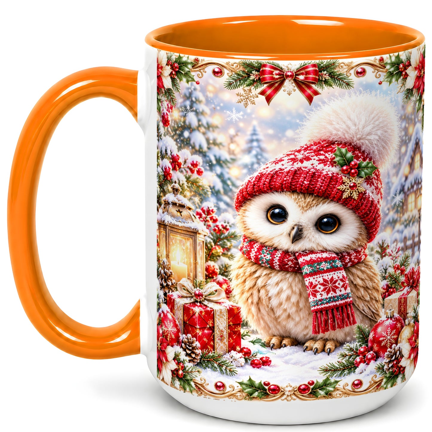 #pl[15oz|Orange] Festive Christmas Owl Coffee Mug, Snowy Winter Owl Mug, Ceramic Cup
