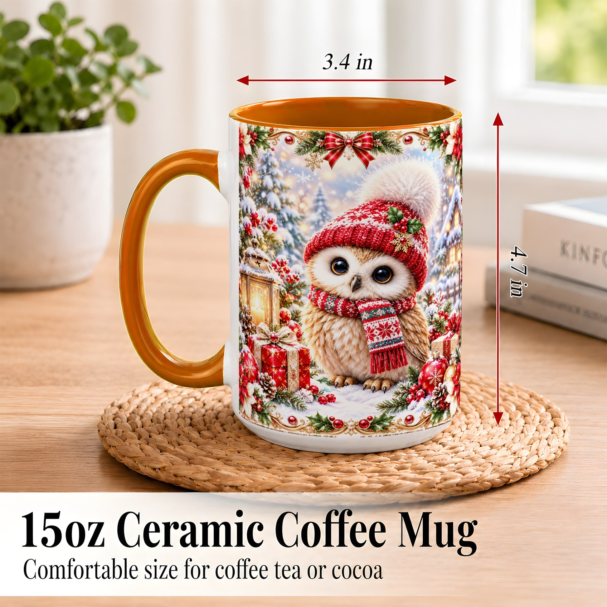 #pl[15oz|Orange] Festive Christmas Owl Coffee Mug, Snowy Winter Owl Mug, Ceramic Cup