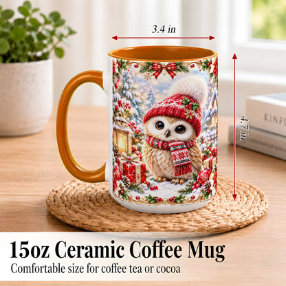 #pl[15oz|Orange] Festive Christmas Owl Coffee Mug, Snowy Winter Owl Mug, Ceramic Cup