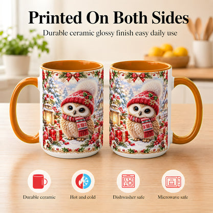 #pl[15oz|Orange] Festive Christmas Owl Coffee Mug, Snowy Winter Owl Mug, Ceramic Cup