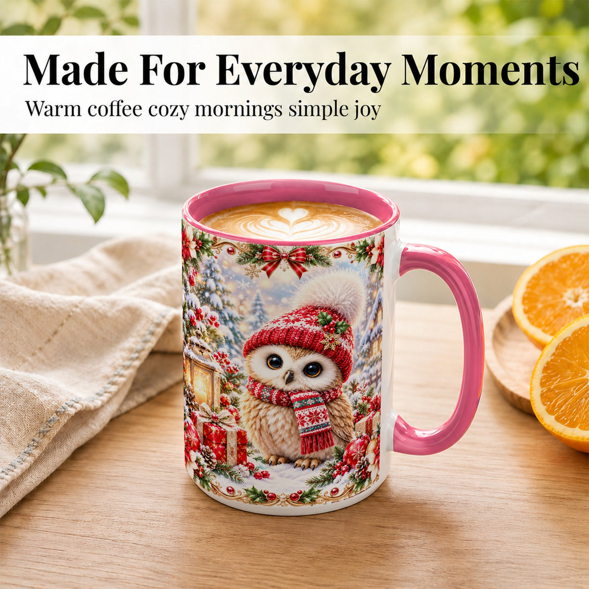 #pl[15oz|Pink] Festive Christmas Owl Coffee Mug, Snowy Winter Owl Mug, Ceramic Cup