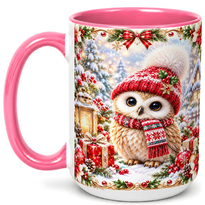 #pl[15oz|Pink] Festive Christmas Owl Coffee Mug, Snowy Winter Owl Mug, Ceramic Cup