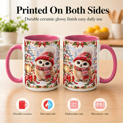 #pl[15oz|Pink] Festive Christmas Owl Coffee Mug, Snowy Winter Owl Mug, Ceramic Cup