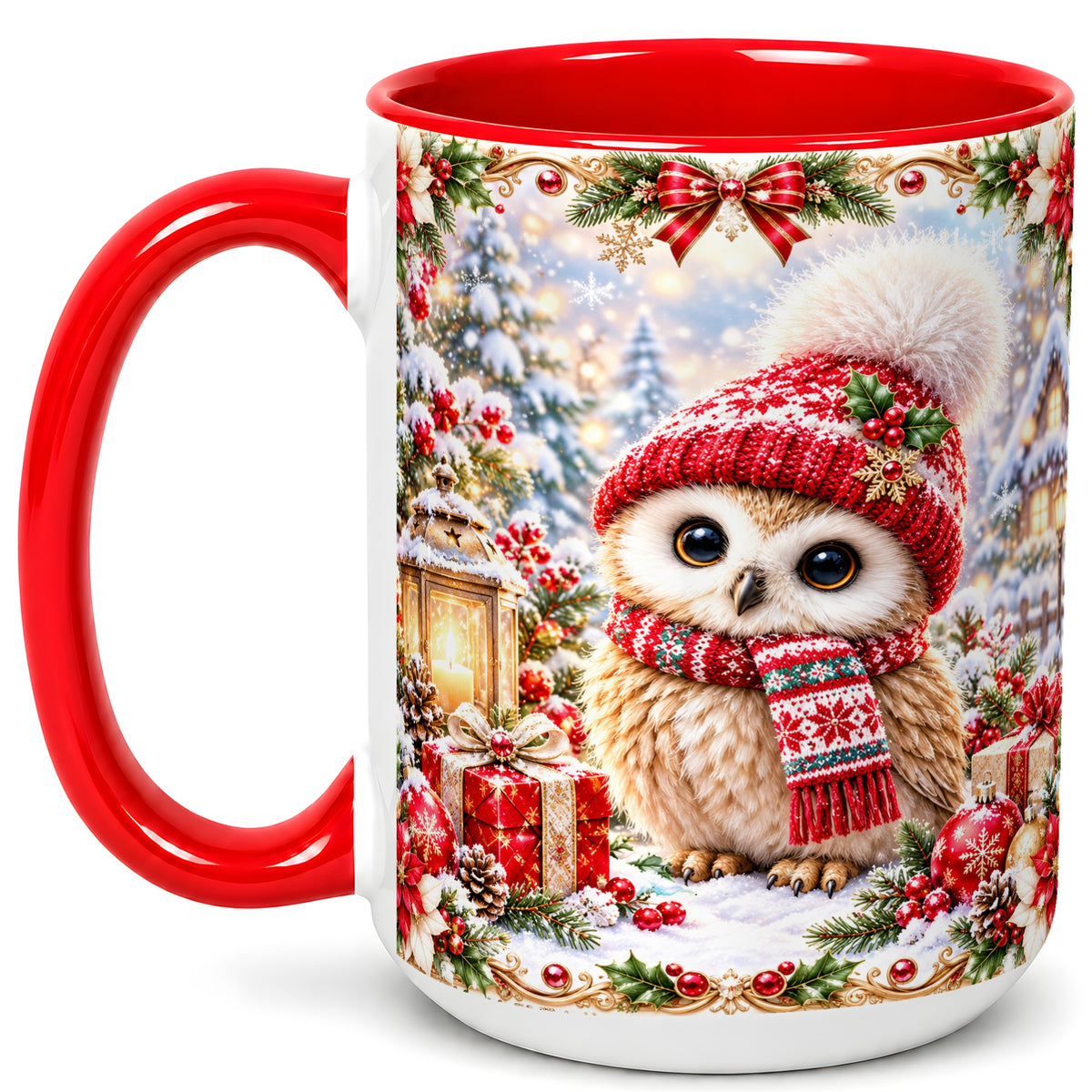 #pl[15oz|Red] Festive Christmas Owl Coffee Mug, Snowy Winter Owl Mug, Ceramic Cup
