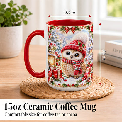#pl[15oz|Red] Festive Christmas Owl Coffee Mug, Snowy Winter Owl Mug, Ceramic Cup
