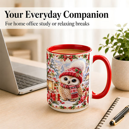 #pl[15oz|Red] Festive Christmas Owl Coffee Mug, Snowy Winter Owl Mug, Ceramic Cup