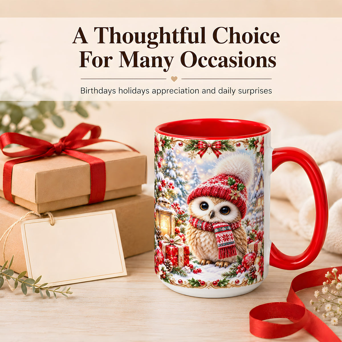 #pl[15oz|Red] Festive Christmas Owl Coffee Mug, Snowy Winter Owl Mug, Ceramic Cup