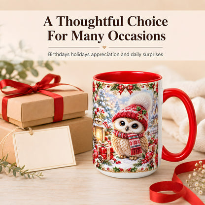 #pl[15oz|Red] Festive Christmas Owl Coffee Mug, Snowy Winter Owl Mug, Ceramic Cup