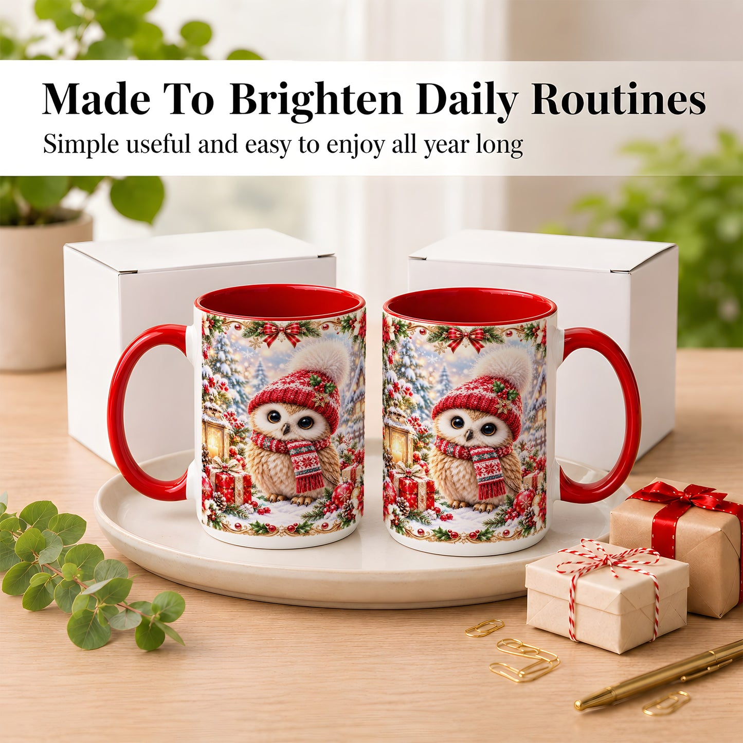 #pl[15oz|Red] Festive Christmas Owl Coffee Mug, Snowy Winter Owl Mug, Ceramic Cup