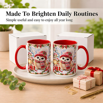#pl[15oz|Red] Festive Christmas Owl Coffee Mug, Snowy Winter Owl Mug, Ceramic Cup