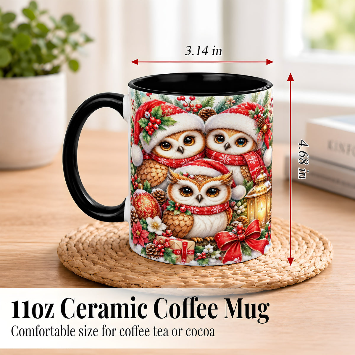 #pl[11oz|Black] Christmas Owl Family Coffee Mug, Winter Bird Mug, Ceramic Cup
