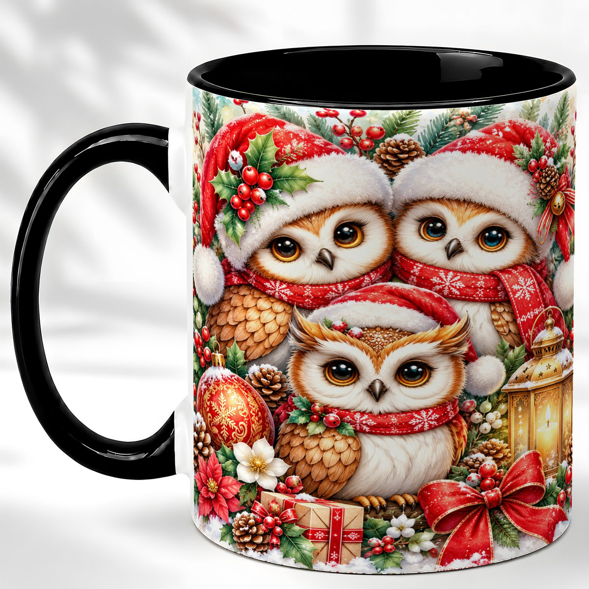 #pl[11oz|Black] Christmas Owl Family Coffee Mug, Winter Bird Mug, Ceramic Cup