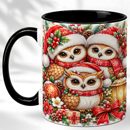 #pl[11oz|Black] Christmas Owl Family Coffee Mug, Winter Bird Mug, Ceramic Cup