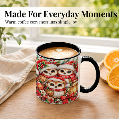 #pl[11oz|Black] Christmas Owl Family Coffee Mug, Winter Bird Mug, Ceramic Cup