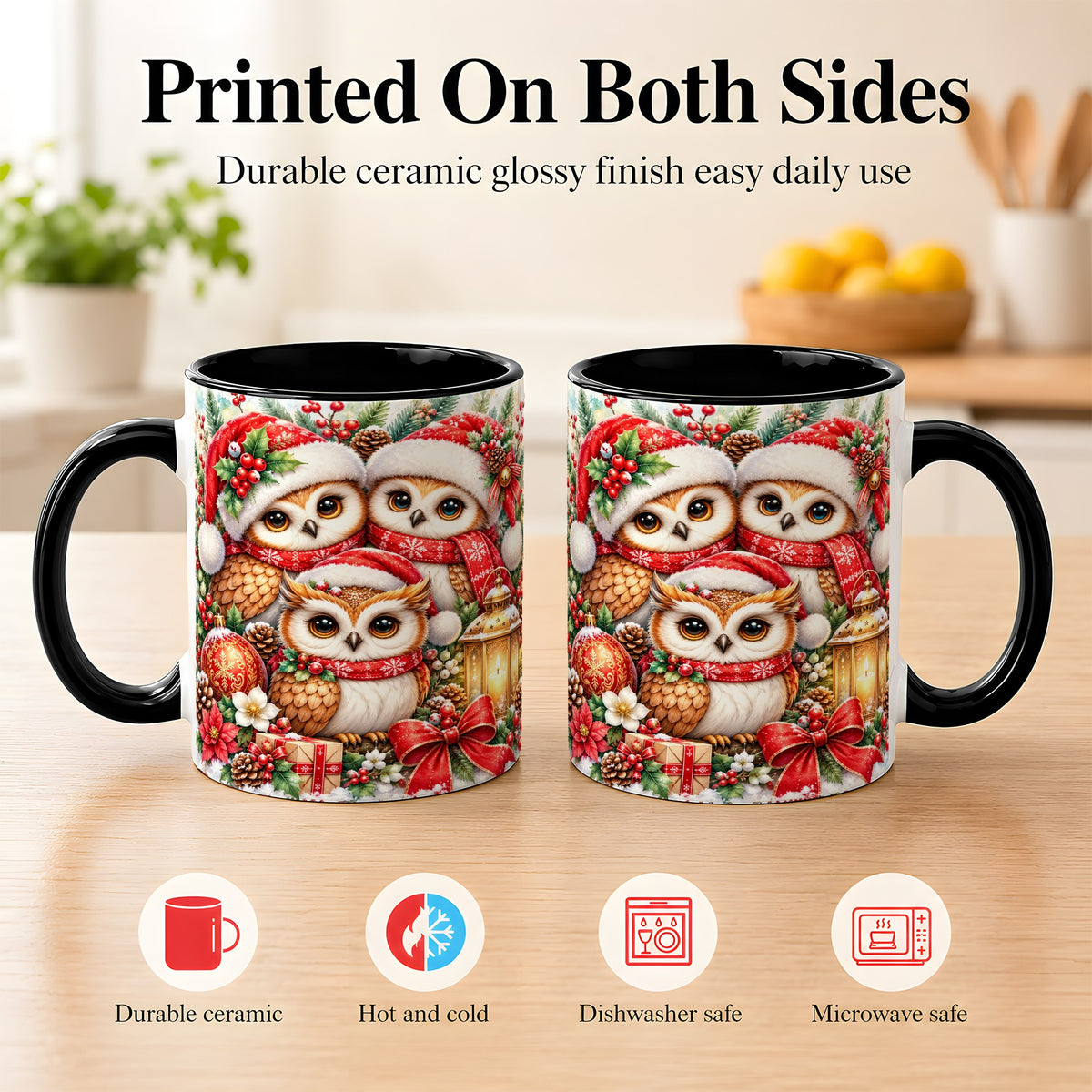 #pl[11oz|Black] Christmas Owl Family Coffee Mug, Winter Bird Mug, Ceramic Cup