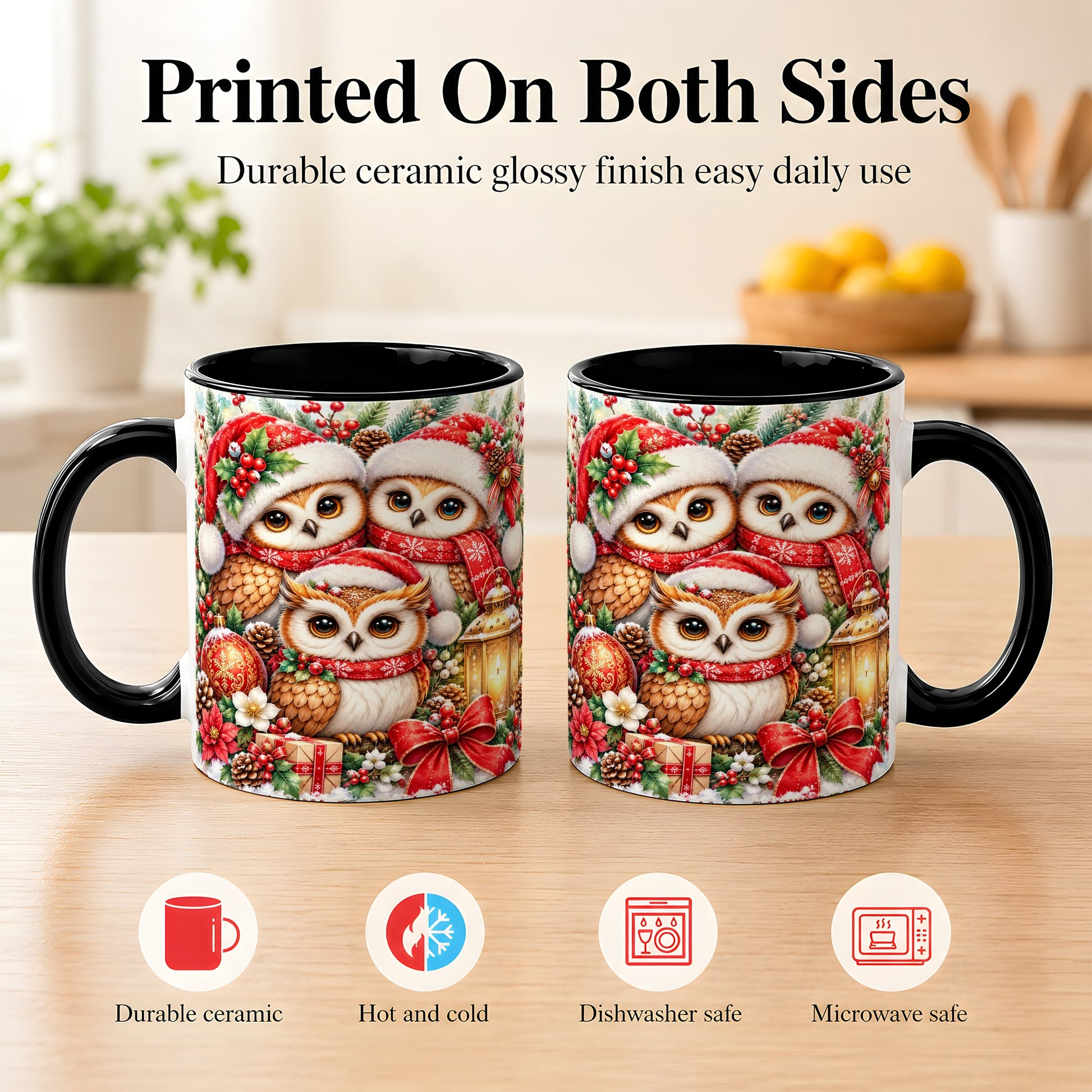 #pl[11oz|Black] Christmas Owl Family Coffee Mug, Winter Bird Mug, Ceramic Cup