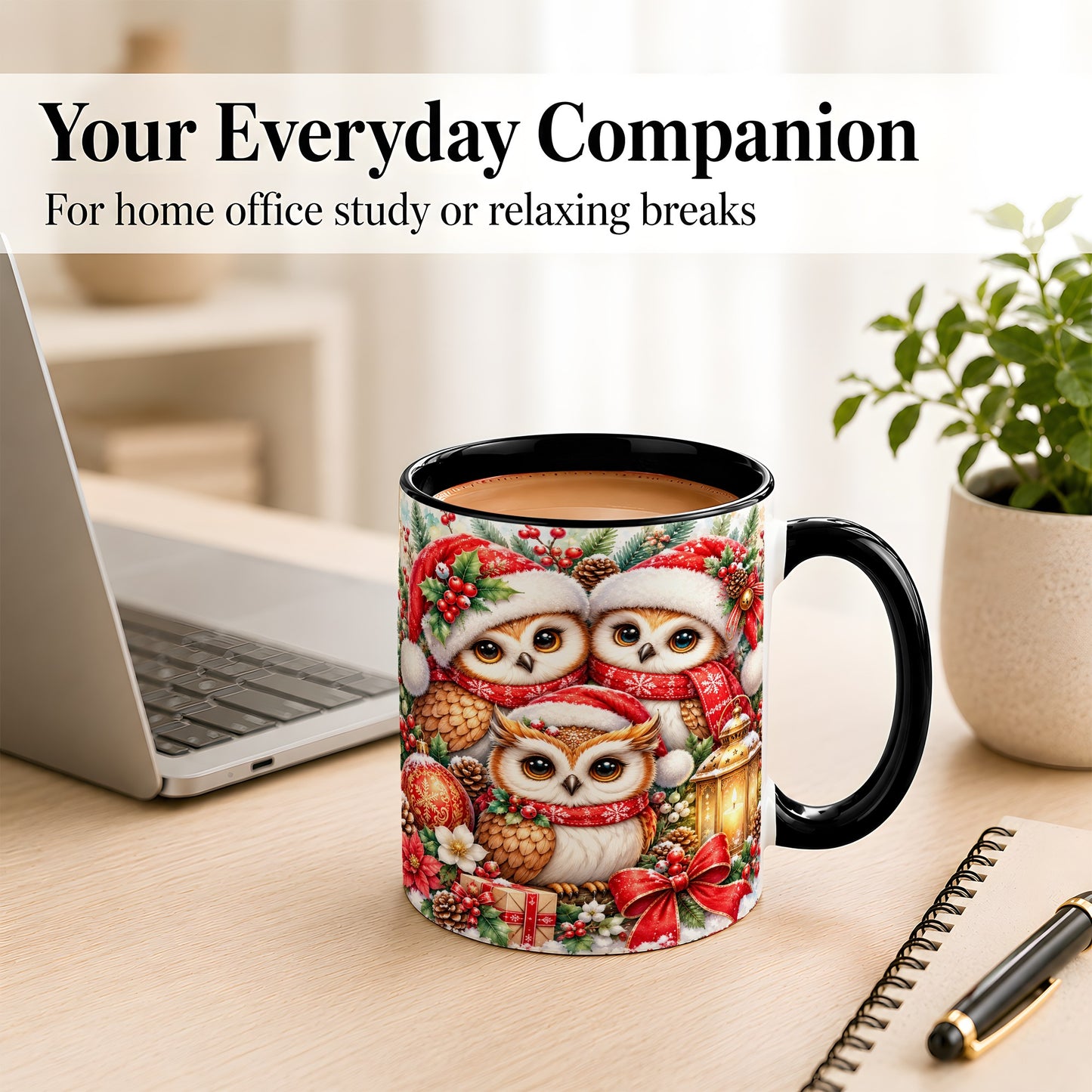 #pl[11oz|Black] Christmas Owl Family Coffee Mug, Winter Bird Mug, Ceramic Cup