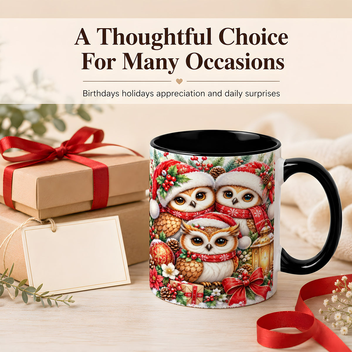 #pl[11oz|Black] Christmas Owl Family Coffee Mug, Winter Bird Mug, Ceramic Cup