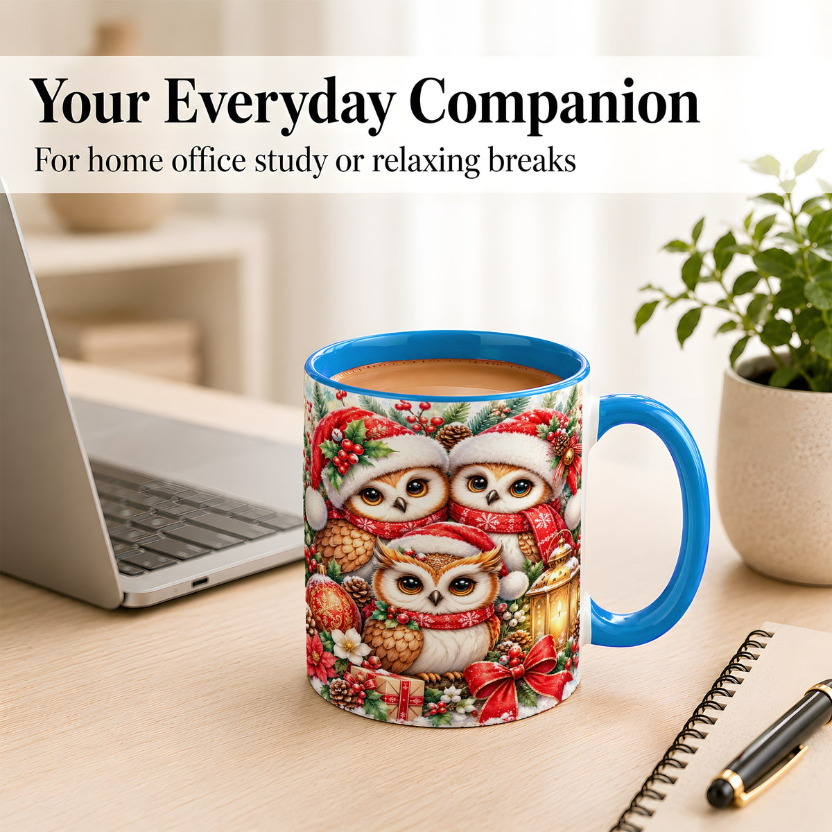 #pl[11oz|Blue] Christmas Owl Family Coffee Mug, Winter Bird Mug, Ceramic Cup