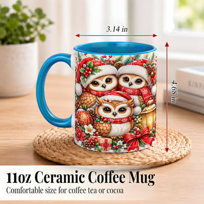 #pl[11oz|Blue] Christmas Owl Family Coffee Mug, Winter Bird Mug, Ceramic Cup