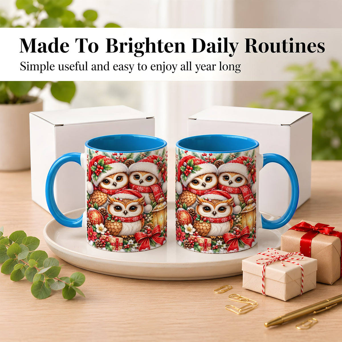 #pl[11oz|Blue] Christmas Owl Family Coffee Mug, Winter Bird Mug, Ceramic Cup