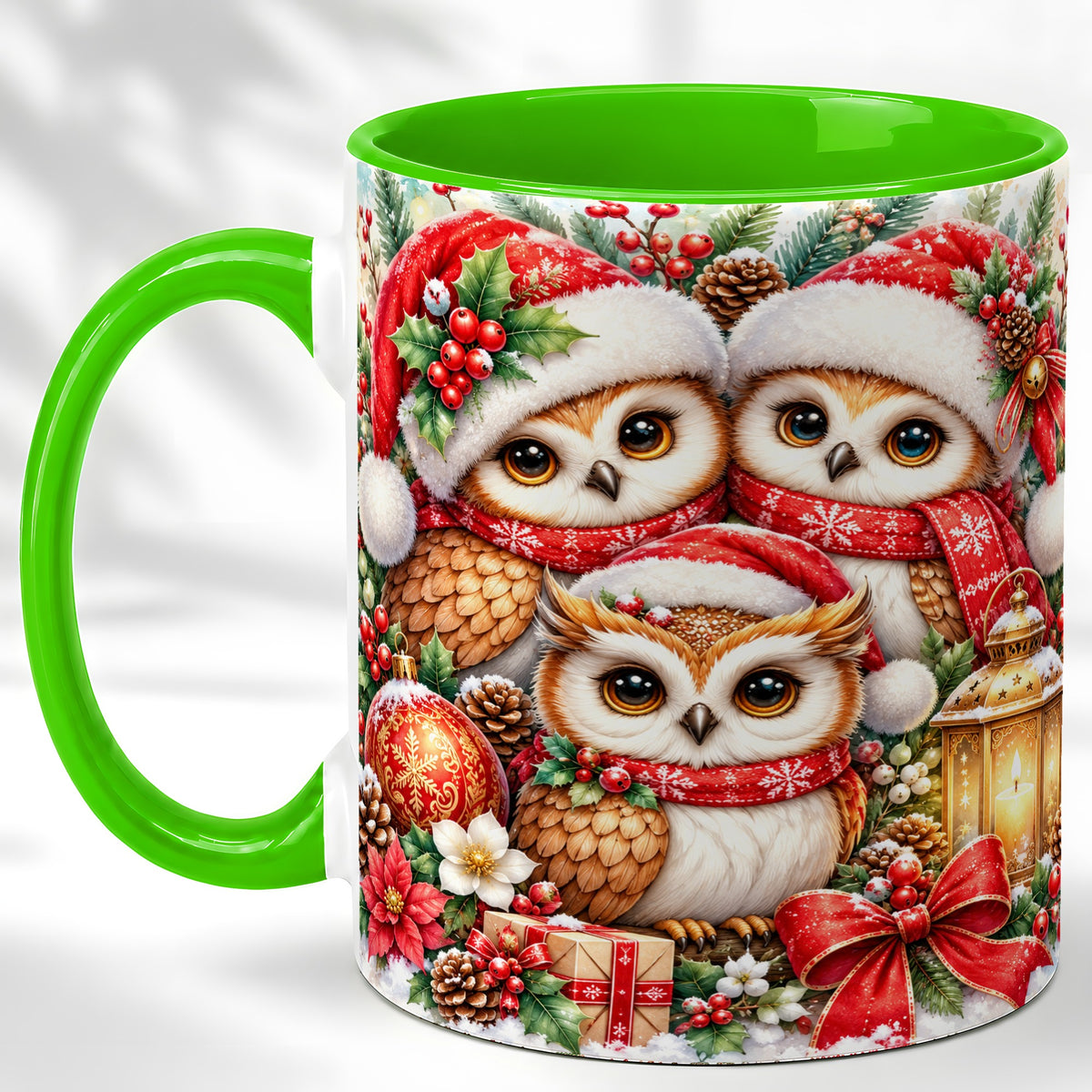 #pl[11oz|Green] Christmas Owl Family Coffee Mug, Winter Bird Mug, Ceramic Cup