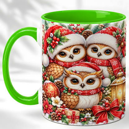 #pl[11oz|Green] Christmas Owl Family Coffee Mug, Winter Bird Mug, Ceramic Cup