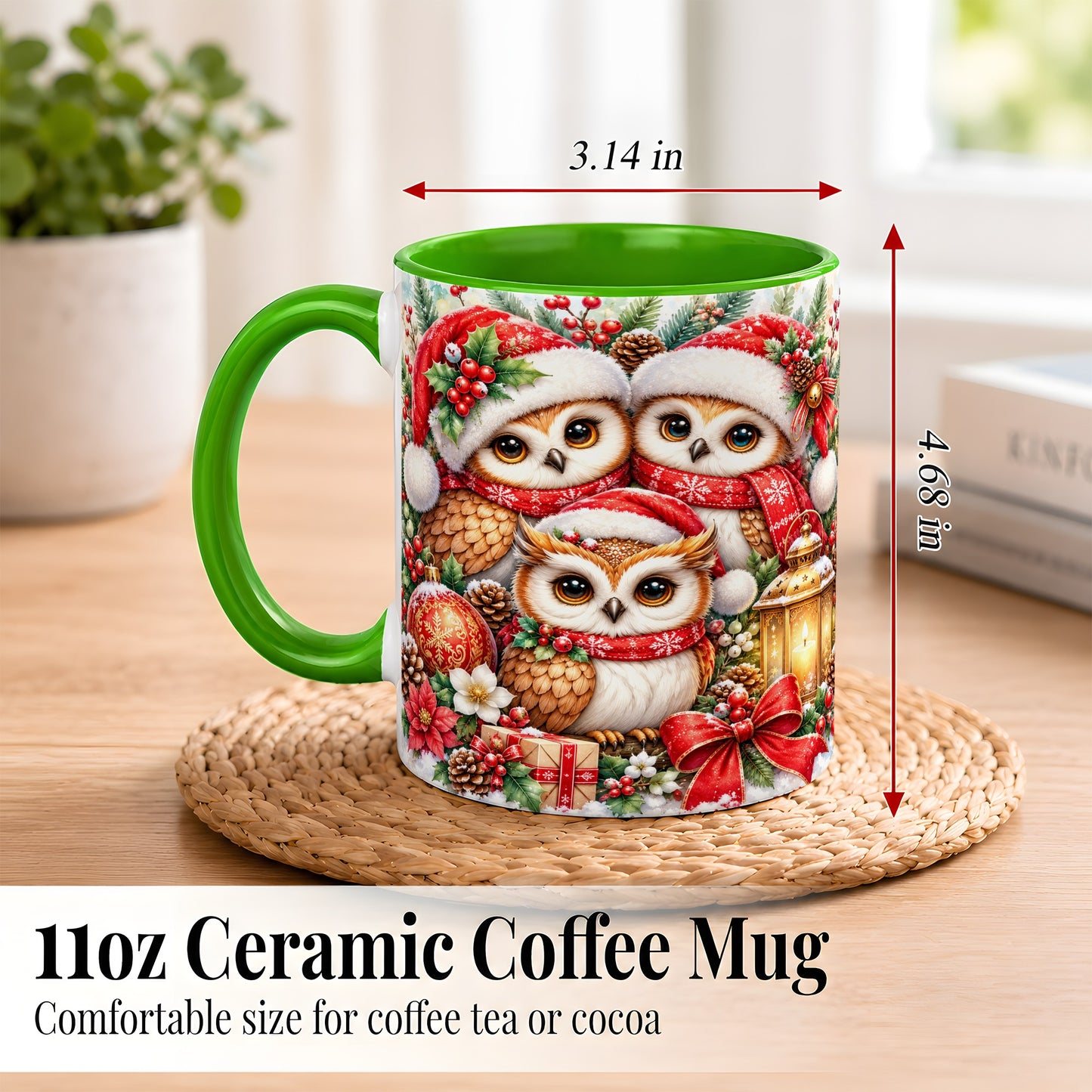 #pl[11oz|Green] Christmas Owl Family Coffee Mug, Winter Bird Mug, Ceramic Cup