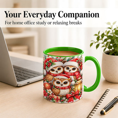 #pl[11oz|Green] Christmas Owl Family Coffee Mug, Winter Bird Mug, Ceramic Cup