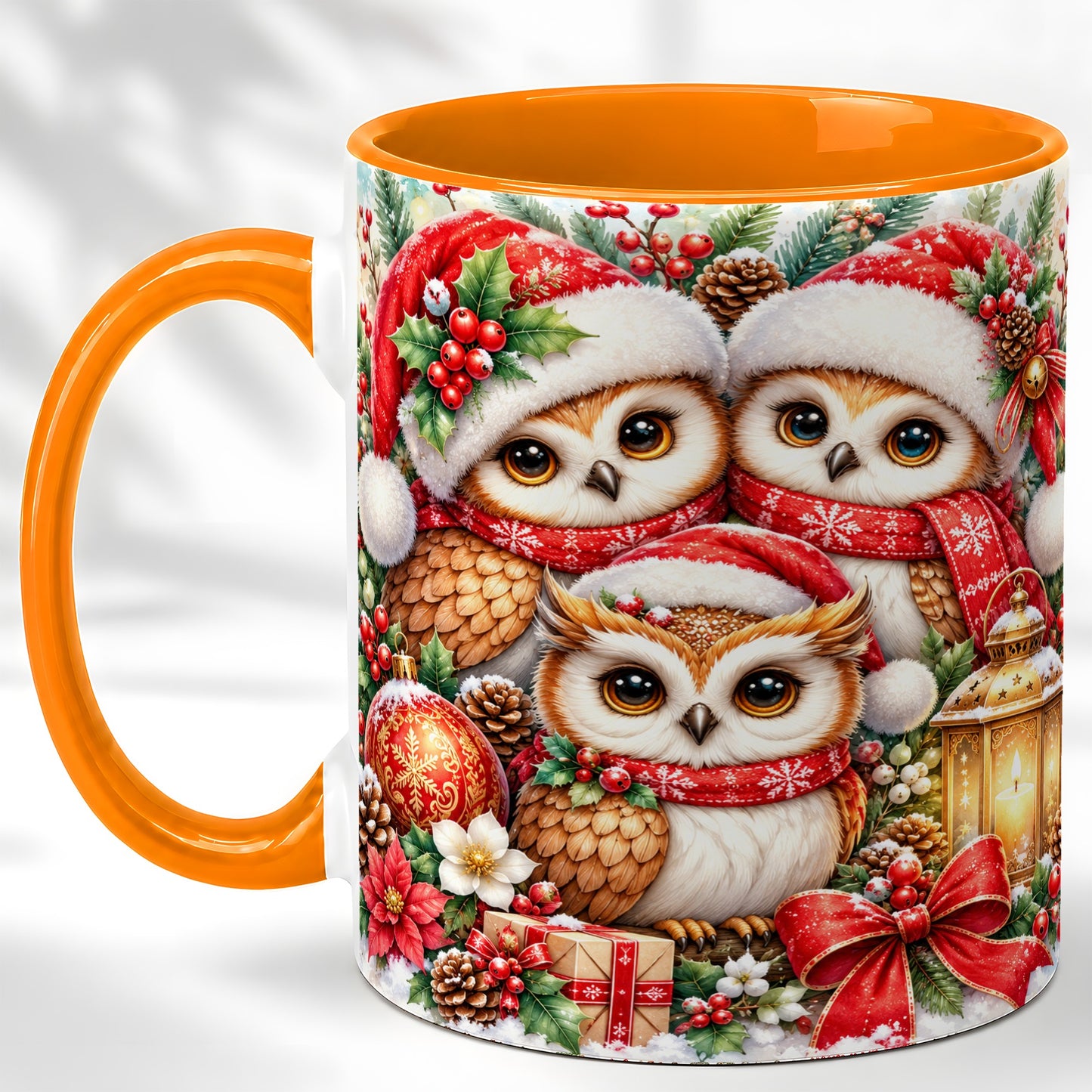 #pl[11oz|Orange] Christmas Owl Family Coffee Mug, Winter Bird Mug, Ceramic Cup