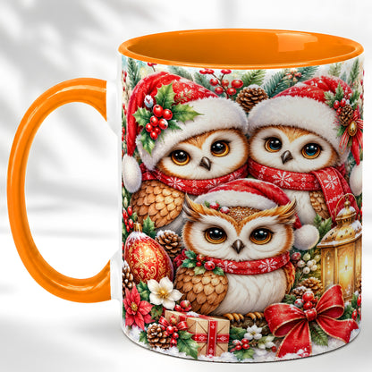 #pl[11oz|Orange] Christmas Owl Family Coffee Mug, Winter Bird Mug, Ceramic Cup