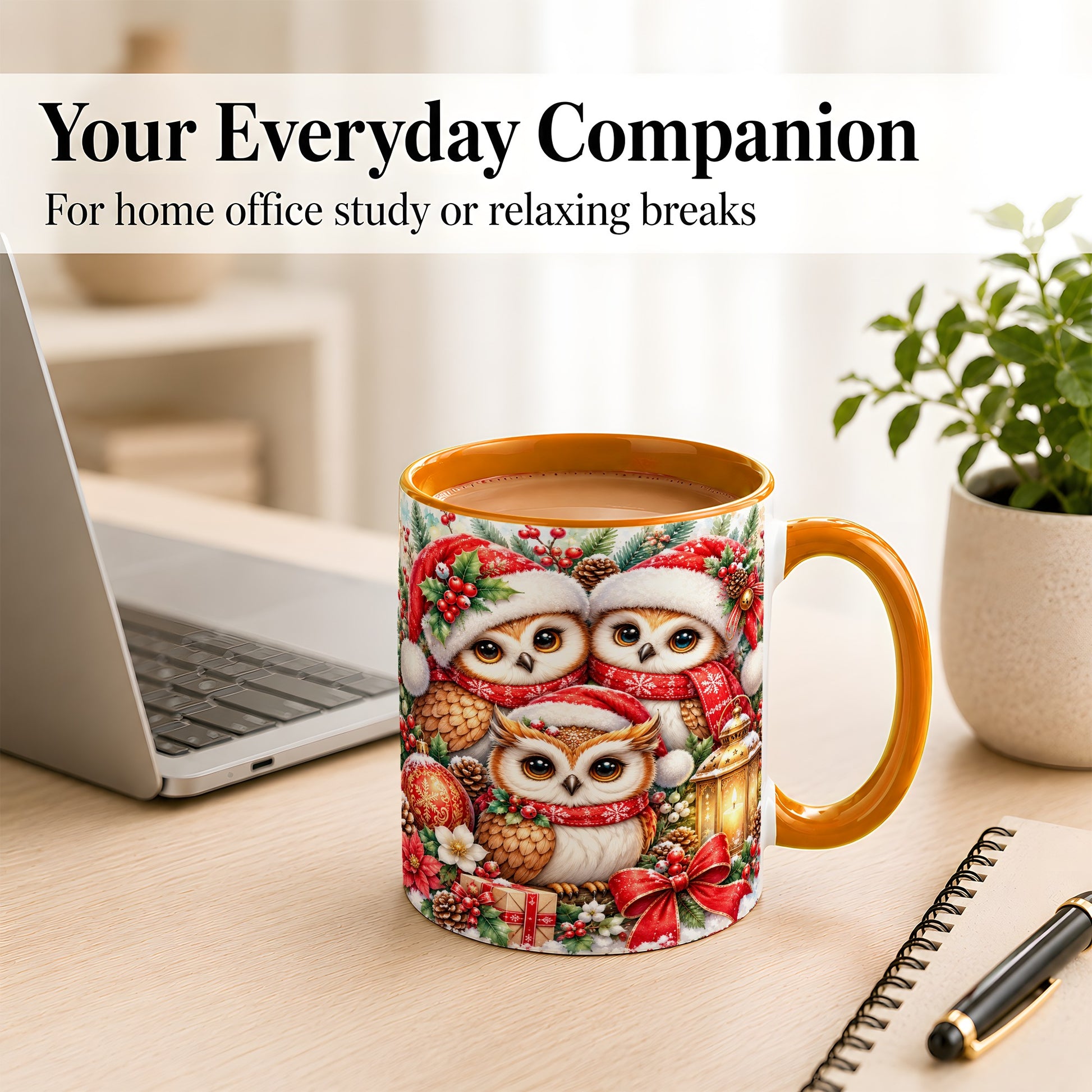 #pl[11oz|Orange] Christmas Owl Family Coffee Mug, Winter Bird Mug, Ceramic Cup