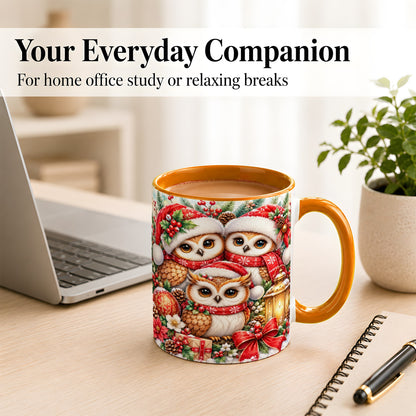 #pl[11oz|Orange] Christmas Owl Family Coffee Mug, Winter Bird Mug, Ceramic Cup