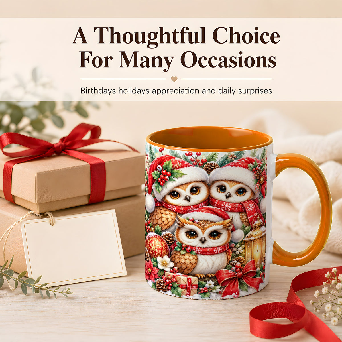 #pl[11oz|Orange] Christmas Owl Family Coffee Mug, Winter Bird Mug, Ceramic Cup