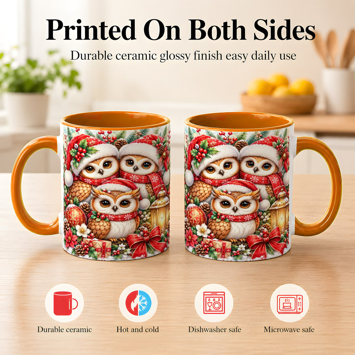 #pl[11oz|Orange] Christmas Owl Family Coffee Mug, Winter Bird Mug, Ceramic Cup