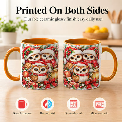#pl[11oz|Orange] Christmas Owl Family Coffee Mug, Winter Bird Mug, Ceramic Cup