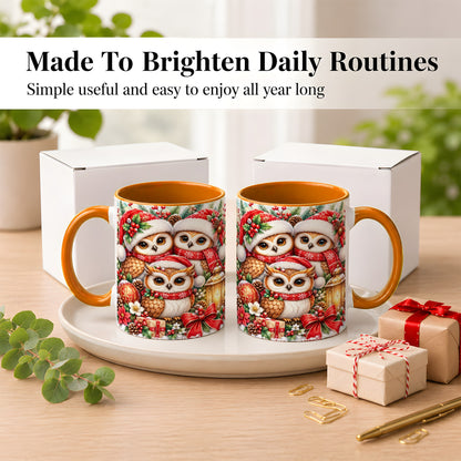 #pl[11oz|Orange] Christmas Owl Family Coffee Mug, Winter Bird Mug, Ceramic Cup