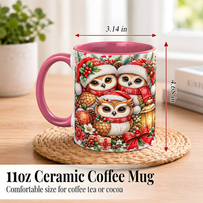 #pl[11oz|Pink] Christmas Owl Family Coffee Mug, Winter Bird Mug, Ceramic Cup