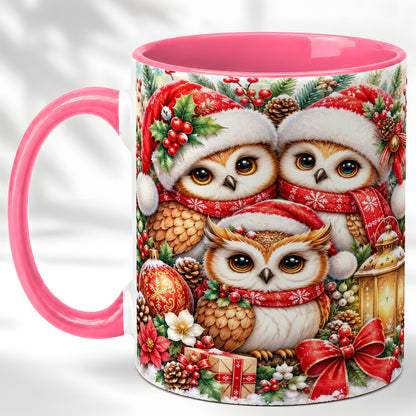 #pl[11oz|Pink] Christmas Owl Family Coffee Mug, Winter Bird Mug, Ceramic Cup