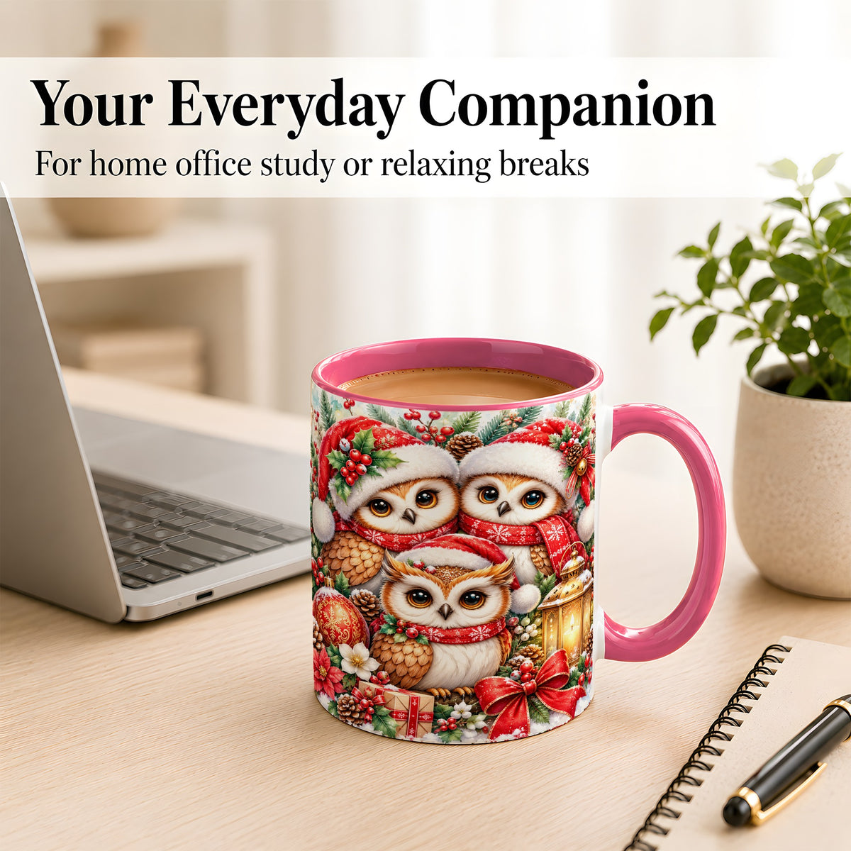 #pl[11oz|Pink] Christmas Owl Family Coffee Mug, Winter Bird Mug, Ceramic Cup