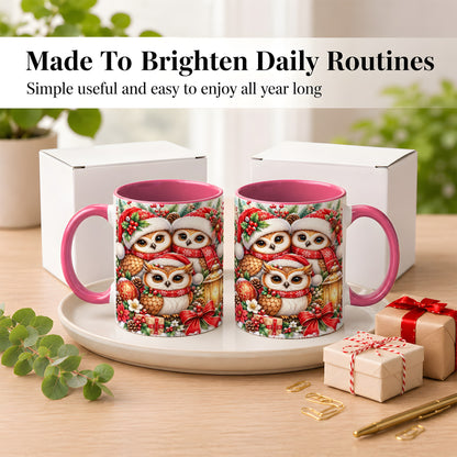 #pl[11oz|Pink] Christmas Owl Family Coffee Mug, Winter Bird Mug, Ceramic Cup