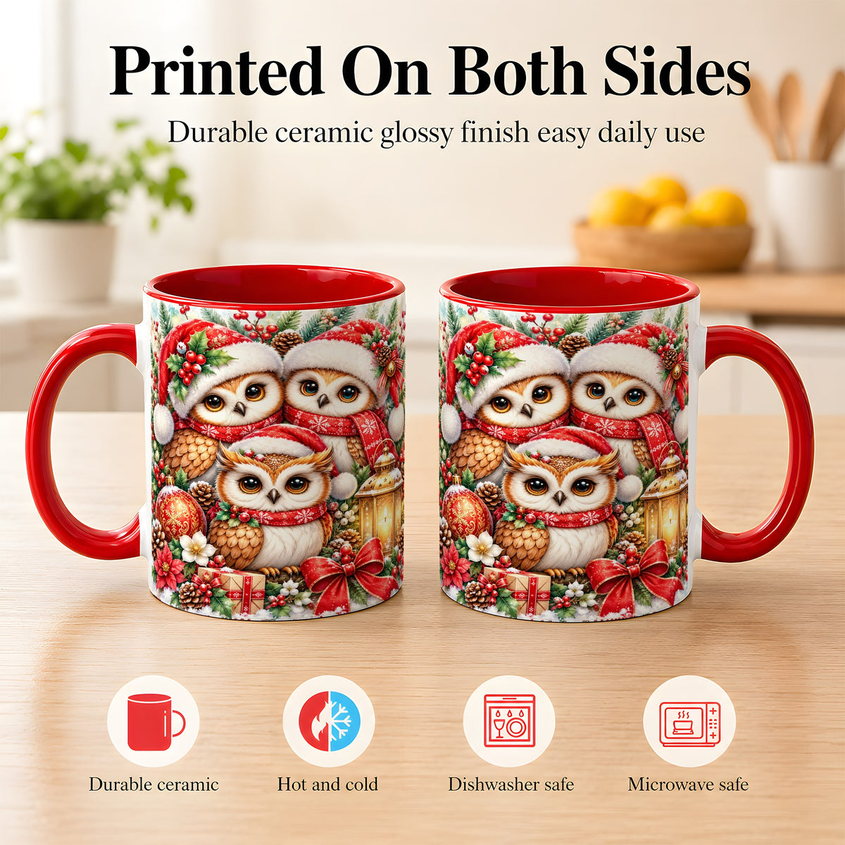 #pl[11oz|Red] Christmas Owl Family Coffee Mug, Winter Bird Mug, Ceramic Cup